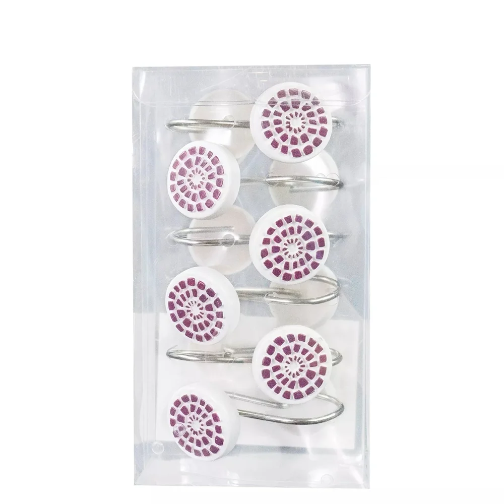 New Medallion White & Purple Ceramic Mosaic Shower Curtain Hook Set Of 12